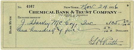 The 1936 recipient of this check for $105.50 would have done well to have saved this check signed by Babe Ruth. baberuthcheck