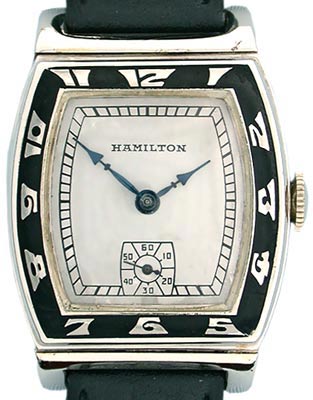 This Hamilton Coronado from 1937 is an Art Deco masterpiece. It features 14K white gold, black enamel, and blued steel hands. This Hamilton Coronado from 1937 is an Art Deco masterpiece. It features 14K white gold, black enamel, and blued steel hands.