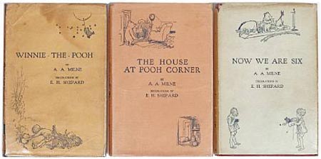 Collectors love "Winnie-the-Pooh" first editions for both A. A. Milne's words and E. H. Shepard's illustrations. These copies are from (left to right) 1926, 1928, and 1927. Collectors love "Winnie-the-Pooh" first editions for both A. A. Milne's words and E. H. Shepard's illustrations. These copies are from (left to right) 1926, 1928, and 1927.