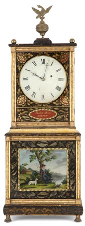 A very rare Bride’s model stenciled and eglomisé “Massachusetts Shelf Clock” by Ezekiel Jones, Boston, circa 1820. A very rare Bride’s model stenciled and eglomisé “Massachusetts Shelf Clock” by Ezekiel Jones, Boston, Mass, circa 1820.