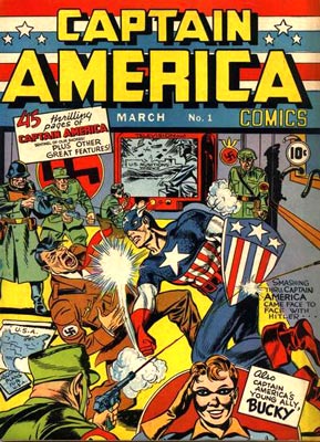 Jack Kirby and Joe Simon's Captain America gives Hitler a hard sock in the kisser in issue #1, which hit newsstands in December of 1940. Jack Kirby and Joe Simon's Captain America gives Hitler a hard sock in the kisser in issue #1, which hit newsstands in December of 1940.