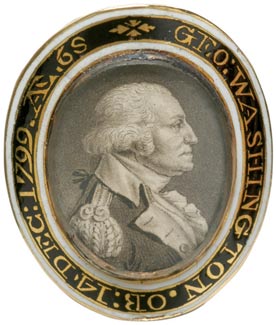 An engraved portrait of George Washington is the centerpiece of this gold memorial ring from about 1800. An engraved portrait of George Washington is the centerpiece of this gold memorial ring from about 1800.