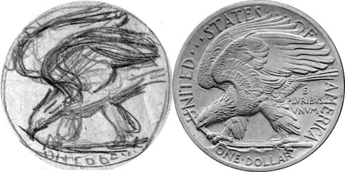 A rare glimpse of the design process is seen in this original pencil sketch for the reverse of the Peace dollar alongside its model. A rare glimpse of the design process is seen in this original pencil sketch for the reverse of the Peace dollar alongside its model.