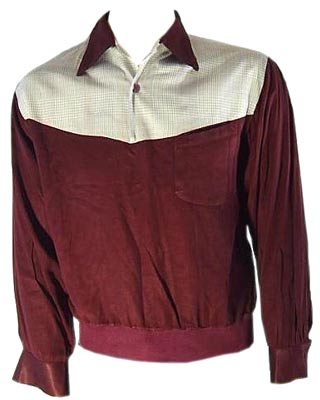Two-tone rayon gaucho pullovers like this one (note the asymmetrical pocket) were made in the 1940s but came into their own in the 1950s.