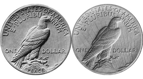 The coin's approved reverse (left) featured a broken sword, which outraged some veterans. The coin's original model is on the right. The coin's approved reverse (left) featured a broken sword, which outraged some veterans. The coin's original model is on the right.