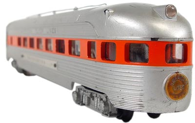 American Flyer trains that ran on two rails, such as this observation car, were in S gauge, which was smaller than Lionel's O gauge. American Flyer trains that ran on two rails, such as this 963 Observation car, were in S gauge, which was smaller than Lionel's o gauge.