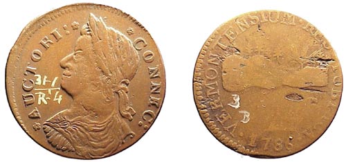 Colonial coinage was an imperfect art, as these coppers from Connecticut (left) and Vermont (right) clearly show. To the left is an example of a Connecticut state copper. On the right is a Vermont state copper.