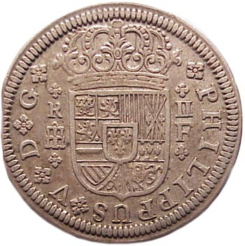 Reverse of 1723 Pistareen Top: The Obverse of a 1723 Pistareen, minted in Segovia Spain. Pistareens and all Spanish silver coinage played an important part in the U.S. colonial economy. Above: The reverse of a 1723 Pistareen.
