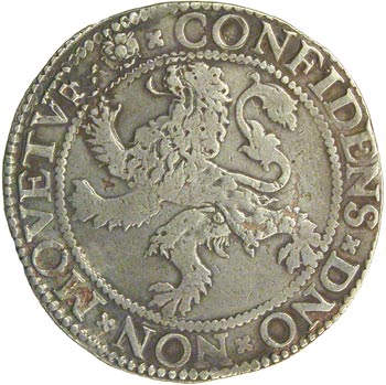 The reverse of the Lion Daalde (its obverse is shown above) depicts the animal that gives the coin its name. The reverse of a Lion Daalde that would have circulated in New Amsterdam.