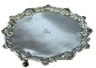 The London shop of Ebenezer Coker created this silver salver, or tray, between 1759 and 1760. The crest is that of the Carter family of Williamsburg and Nomini Hall, Virginia. Funds donated by Mr. Walter W. Patten, Jr., and The McGraw-Hill Foundation, Inc., toward purchase. Salver or Tray, 1759-1760