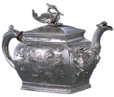 This silver and wood teapot from 1759-1760 was made in Edinburgh, Scotland in the shop of Lothian & Robertson. Gift of John H. Hyman: The John A. Hyman Collection. Teapot, 1759-1760
