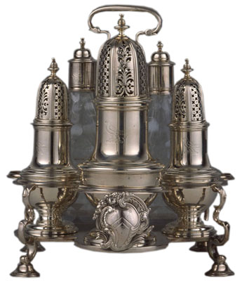 Cruet frames such as this Samuel Wood example, made in London between 1739 and 1740, were very popular in the 18th century. Gift of John V. Rowan, Jr. in memory of Bernard Claude Michael Shrubsole. Cruet Frame, 1739-1740