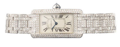 Cartier made a version of its famous Tank for women, in 18K white gold and lots and lots of diamonds. Cartier