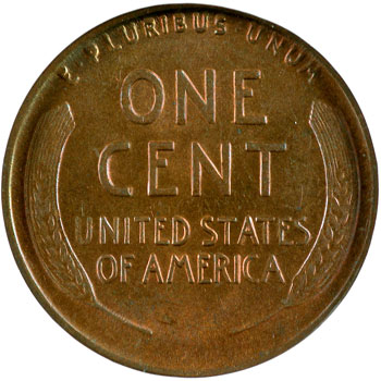 The mirrored pair of wheat ears on the Lincoln cent's reverse is why this coin is known as the Lincoln Wheat. 1919-D Louis Eliasberg Lincoln Cent reverse