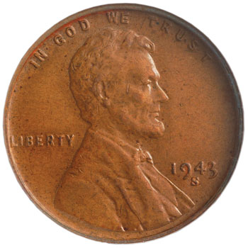 In 1943, ostensibly to save copper for the war effort, the mint issued steel cents coated in zinc, but a few pennies were struck on bronze planchets by mistake. 1943-S bronze Lincoln Cent obverse