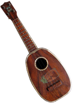 Kamaka Pineapple. circa 1920. Koa wood, with abalone shell inlay around the body, fretboard, and sound hole, plus a pineapple decal applied sideways. Kamaka Pineapple; circa 1920, koa wood, abalone shell inlay around body, fretboard and sound hole, pineapple decal applied sideways beneath sound hole, slightly larger body volume than soprano size. Also seriously rare.