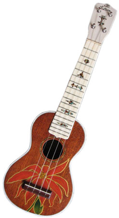 Gibson Poinsettia, circa 1930s. Mahogany body, hand painted poinsettia flowers on front, back, and sides, and a Bakelite fretboard with colored fancy fret markers. Gibson Poinsettia; circa 1930's, mahogany body, hand painted poinsettia flowers on front, back and sides, bakelite fretboard with colored fancy fret markers, multi-colored sound hole ring, soprano size. Extremely rare.