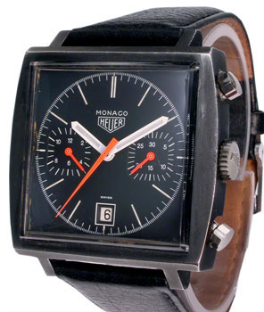 Many people associate the color blue with the Heuer Monaco because of the one worn by Steve McQueen, but this circa 1978 black PVD Monaco is also stunning. Black PVD Monaco, circa 1978. Many people would say that the Monaco is supposed to be blue, like the one Steve McQueen wore, but the black PVD Monaco is stunning.