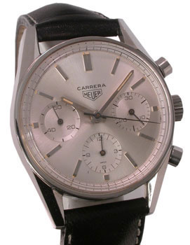 Heuer's Carrera had three white registers on a white dial, the epitome of the Heuer ideal of clean design. First version of the Carrera, three registers, white registers on the white dial. This is one of the Heuer icons; perfect, clean design.