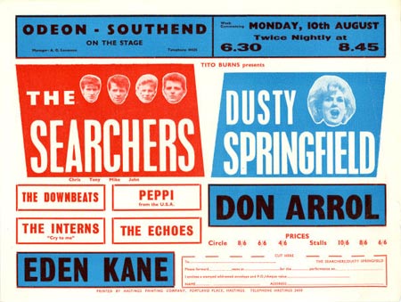 Early 1960s British concert handbills, such as this one advertising a show with the Searchers and Dusty Springfield, included a coupon that you'd have to mail in to get a ticket. Early 1960s British concert handbills, such as this one advertising a show with the Searchers and Dusty Springfield, included a coupon that you'd have to mail in to get a ticket.