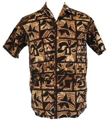 A tapa design shirt from the 1950s to 1960s on cotton broadcloth with bamboo buttons. From the CTAHR Historic Costume Collection, University of Hawaii. A tapa design shirt from the 1950s to 1960s on cotton broadcloth with bamboo buttons. From the CTAHR Historic Costume Collection, University of Hawaii.