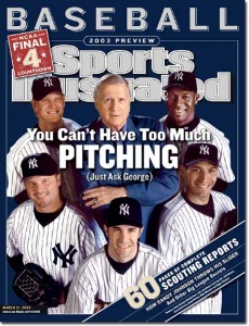 The Boss, in 2003, with his pitching staff: clockwise from top left, Jeff Weaver, Jose Contreras, Andy Pettite, Mike Mussina, and Roger Clemens.