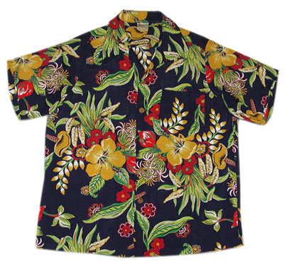 The motifs on aloha shirts, such as this one from the 1950s, frequently incorporated tropical, Hawaiian images on black. Photo: Camille Shaheen Tunberg. The motifs on aloha shirts, such as this one from the 1950s, frequently incorporated tropical, Hawaiian images on black. Photo: Camille Shaheen Tunberg.