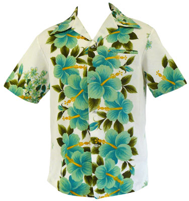 A hibiscus border print shirt from the 1970s. From the collection of Malcolm Montgomery, Pullman WA. A hibiscus border print shirt from the 1970s. From the collection of Malcolm Montgomery, Pullman WA.