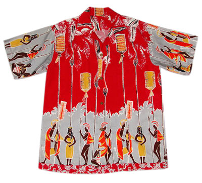 This cotton shirt with a border print from the early 1950s depicts a traditional Ali'i Procession. Photo: Camille Shaheen Tunberg. This cotton shirt with a border print from the early 1950s depicts a traditional Ali'i Procession. Photo: Camille Shaheen Tunberg.