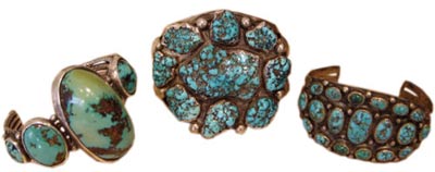 A trio bracelets: The one on the left is circa 1930 and features turquoise that’s probably from the Pilot Mountain Mine in Nevada. The center bracelet is probably from the 1950s and is set with matched, natural-nugget turquoise from the Burnham Mine, also in Nevada. The bracelet at right is from the 1920s to 1930s and boasts numerous spiderweb stones. A trio bracelets: The one on the left is circa 1930 and features turquoise that’s probably from the Pilot Mountain Mine in Nevada. The center bracelet is probably from the 1950s and is set with matched, natural-nugget turquoise from the Burnham Mine, also in Nevada. The bracelet at right is from the 1920s to 1930s and boasts numerous spiderweb stones.