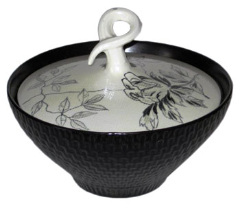 Midnight Rose was one of six patterns in the Anniversary shape. It was designed by Charles Murphy and was produced for only two years, 1954 to 1955. Midnight Rose pieces, such as this casserole with cover, are scarce today. Midnight Rose was one of six patterns in the Anniversary shape. It was designed by Charles Murphy and was produced for only two years, 1954 to 1955. Midnight Rose pieces, such as this casserole with cover, are scarce today.