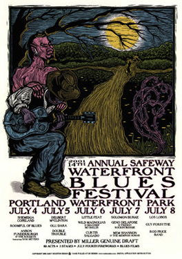 This 2001 image for Portland's Waterfront Blues Festival depicts Robert Johnson's fabled meeting with the devil at the crossroads. This 2001 image for Portland's Waterfront Blues Festival depicts Robert Johnson's fabled meeting with the devil at the crossroads.