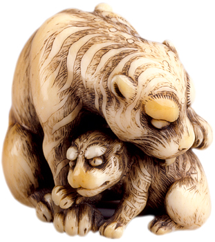 Though famous for his oxen, 18th-century artist Tomotada carved other animals, such as this ivory tiger and her cub. Though famous for his oxen, 18th-century artist Tomotada carved other animals, such as this ivory tiger and her cub.