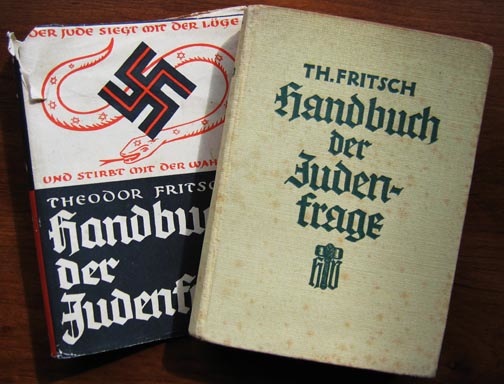 AntiSemiticBook 1. Theodor Fritsch's "Handbook of the Jewish Question" laid the groundwork for German anti-Semitism in 1896. When this edition was printed during the Nazi era, its cover bore a swastika. 2. Many of the flags and pins collected by people interested in Nazi artifacts were made by a company called Bernard Richter, whose 1935 catalog is shown at top.