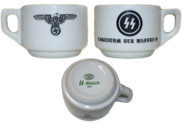 mugs 7. The front, back, and bottom of a porcelain mug typical of ones used by SS officers in their mess halls at concentration camps, field camps, city offices, and training camps.