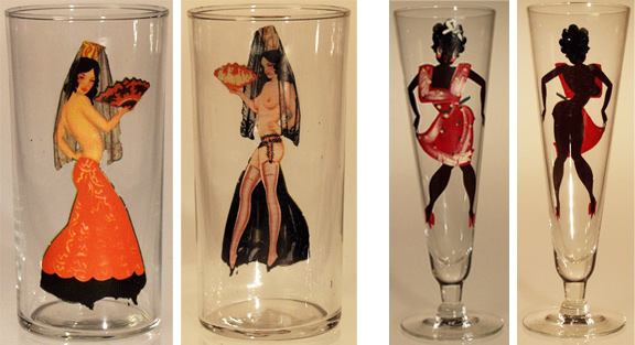 "international" girlie glasses The flamenco dancer, left, appeared in a 1940s set of "international" girlie glasses that included a can-can dancer, hula girl, and Japanese fan dancer. The rare black woman, right, came as part of a set of '60s Pilsner glasses with decal bodies and hand-painted clothing. Photos courtesy of Tigre McMullan.