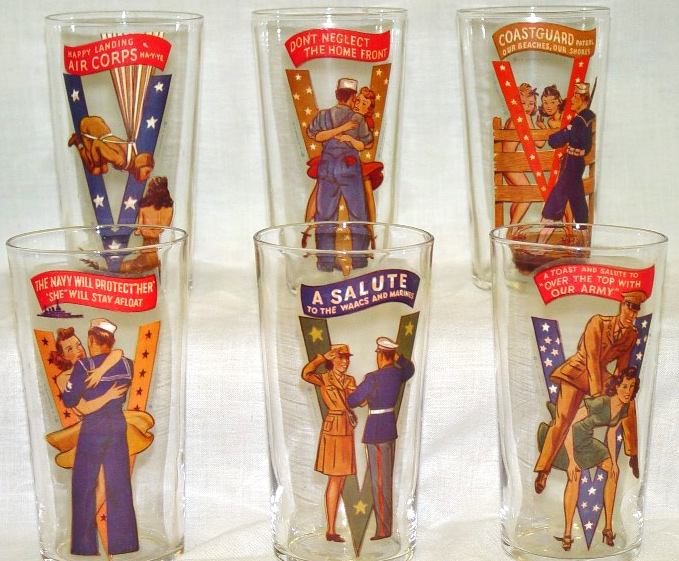 World War II-era victory glasses, produced by Fishlove A set of World War II-era victory glasses, produced by Fishlove. A slightly naughty version of image showing underpants, cleavage, or booze, is on the reverse. Photo courtesy of Stan and Mardi Timm.