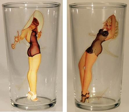 George Petty glasses The pin-ups on these late-1940s calendar-girl glasses were designed by George Petty. "If you look at the decal, you'll see that corner where his signature is starting to wash away. The moment you wash those glasses, the name washes off," collector Tigre McMullan explains. Photos courtesy of McMullan.