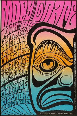 MobySplit Wilson used an image taken from a Northwest Coast Indian mask as the dominant element in this split-fountain Moby Grape poster from March of 1967.