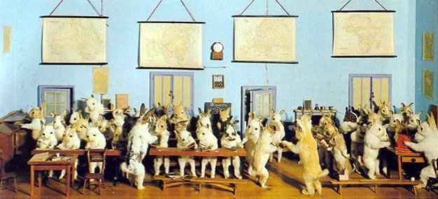 Potter'sRabbitSchool A 1930s photo Walter Potter's Rabbit School diorama, when it was still on display at his Bramber, Sussex, museum. Image via Wikipedia, Creative Commons license.