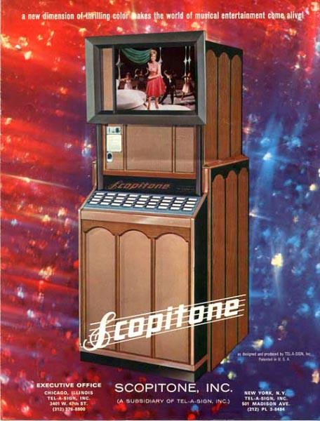ScopitoneBrochure When the French Scopitone (top) was introduced in the United States, a Chicago company called Tel-a-Sign redesigned the machine's exterior (above) but left the mechanical insides almost the same.