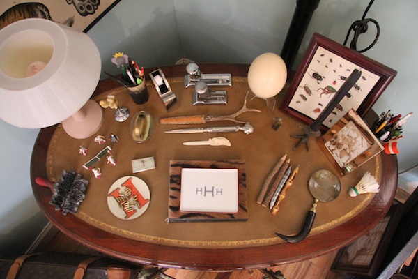 hovey_table This table reveals the Hoveys' fascination with antique scientific artifacts. Photo by Porter Hovey.
