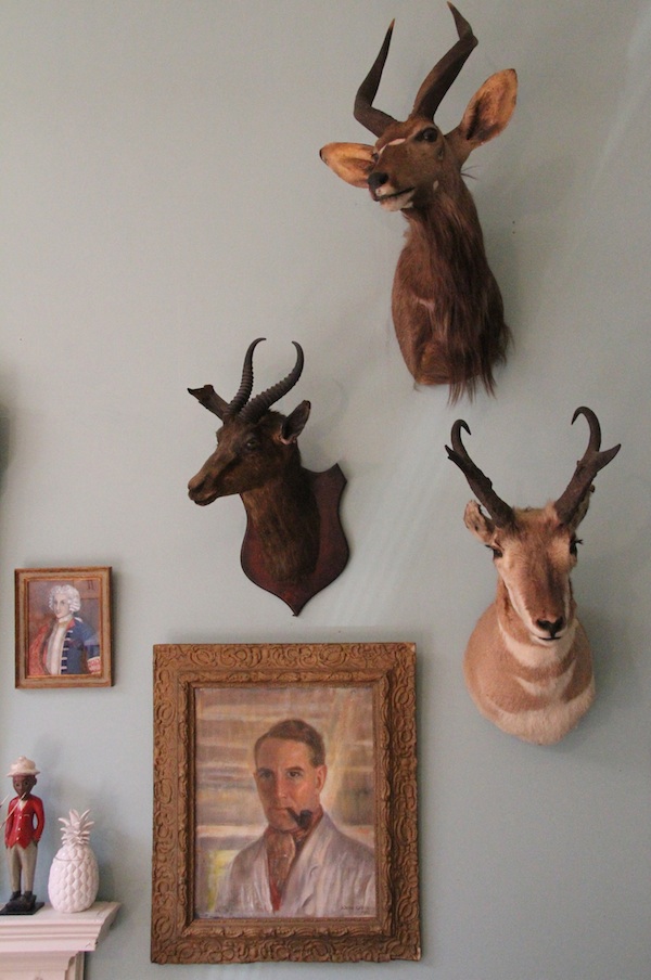 hovey_trophies In their Brooklyn apartment, sisters Hollister and Porter Hovey favor a masculine colonial aesthetic with game trophies and paintings of pipe-smoking men that calls to mind 19th-century men's clubs. Photo by Porter Hovey.