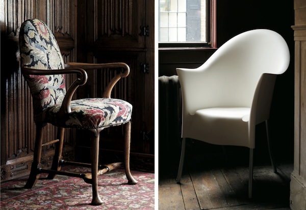 ChairPair2 At her home, Miller likes to contrast these two chairs, an early 1700s Queen Anne walnut shepherd's crook arm chair, at left, and a 1994 Philippe Starck Lord Yo chair, at right.