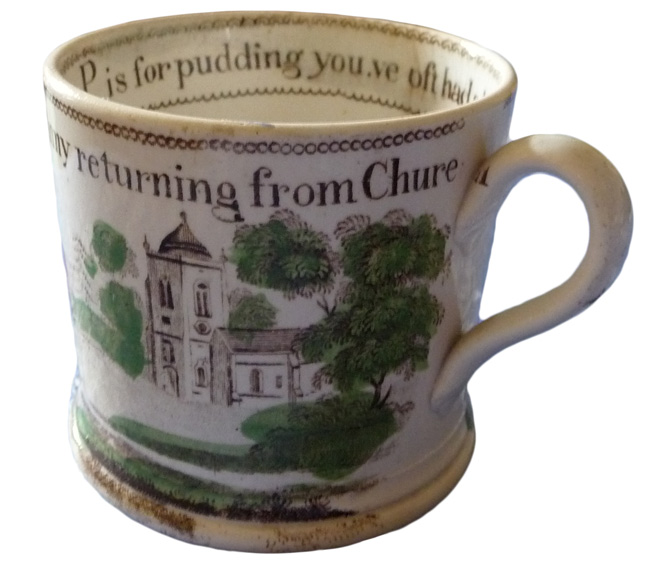Fanny Cup Miller says she likes to imagine the little girl who probably hand-painted this English pearlware cup, who misjudged her spacing when painting the words, "F is for Fanny returning from Church." Notice the "h" on the handle.