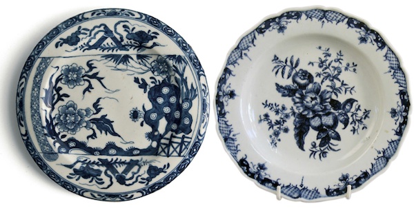 Worcester Plates Miller bought both of these 18th century Royal Worcester plates at a junk store for pennies in the 1970s. The one on the right is a first period transfer-print in a common fence pattern called Pine Cone, and only worth £20-30 now. The Chinese-style piece on the left, however, is a rare plate, inspired by a Bow original, now worth £1,000.