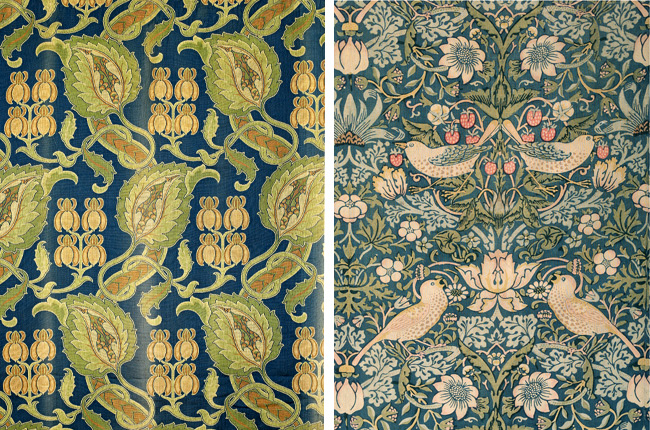 textiles Textiles from Miller's personal collection: At left, an Arts & Crafts wool hanging, attributed to George Faulkner Armitage. At right, Morris & Co "Strawberry Thief" chintz curtains.