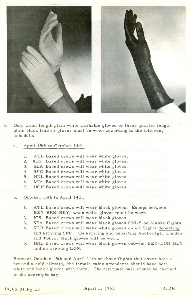 1965GloveRegulations When should a flight attendant wear white versus black gloves? Click the image above to read the full protocol.