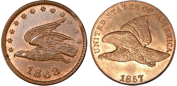 eagles The flying eagle token on the left bears a striking resemblance to the real coin on the right (photo courtesy indiancent.com).