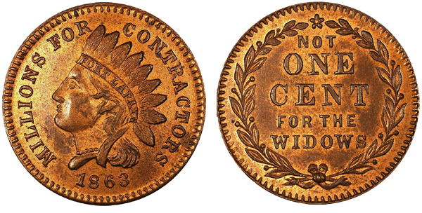 widow As the front and back of this token shows, the complaint that there's plenty of money to make war but little to pay for its impact on the families of soldiers is not new.